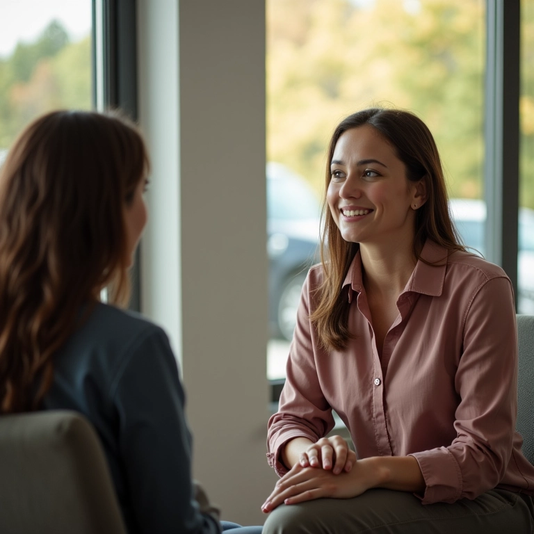 Mulher conversando com terapeuta em consultório acolhedor.
