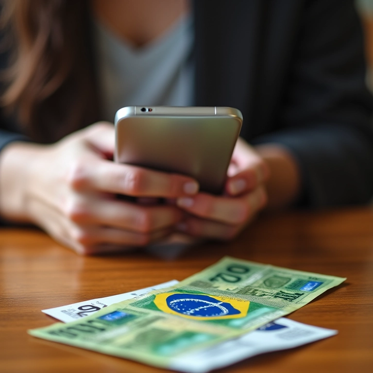Mulher convertendo moedas usando aplicativo no celular com real na mesa.