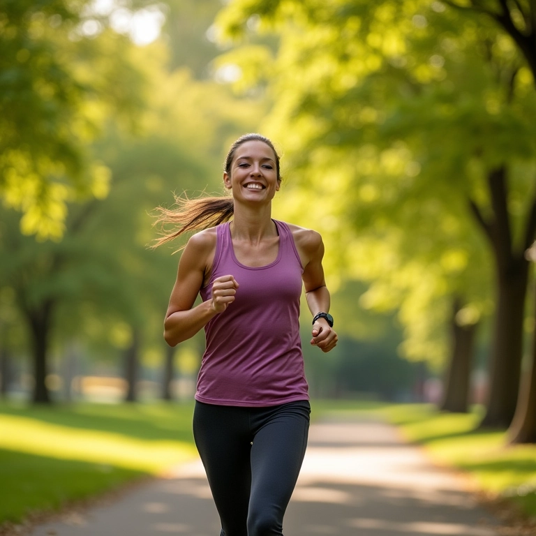 Mulher correndo no parque, aliviando a ansiedade com exercícios.