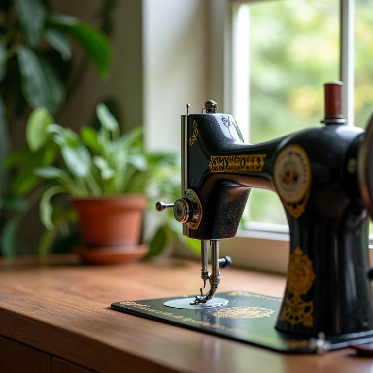 Mulher costurando em máquina vintage em casa iluminada