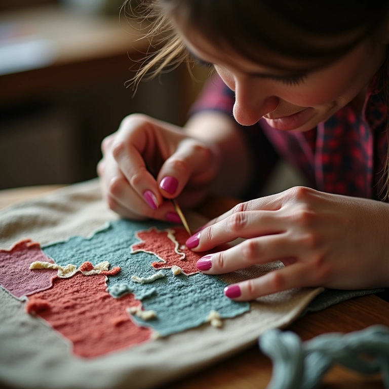 Mulher costurando patch em bolsa de tecido.