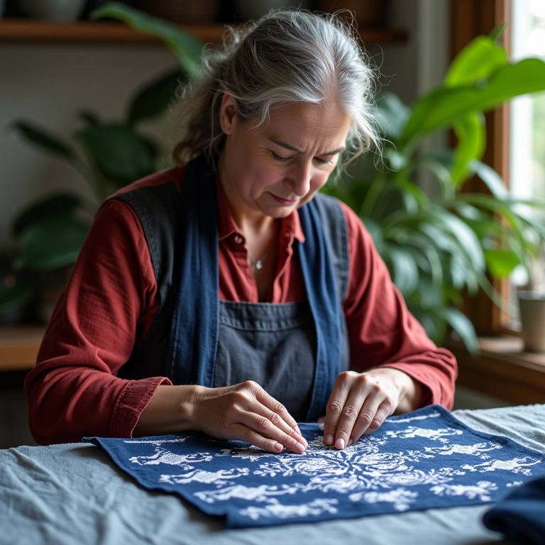 Mulher costurando Sashiko em tecido índigo em casa.