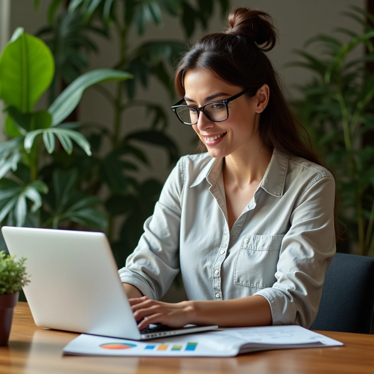 Mulher cria planilha de controle financeiro no laptop.