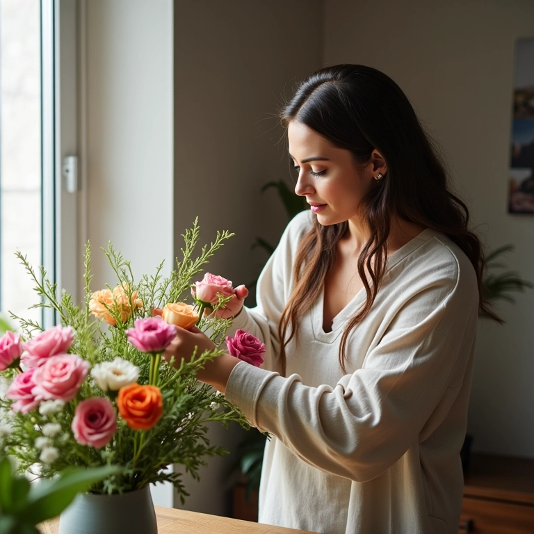 Mulher criando arranjo floral em casa, apreciando a beleza das flores.