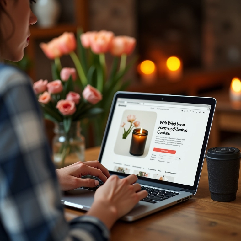 Mulher criando campanha de e-mail marketing para velas artesanais.