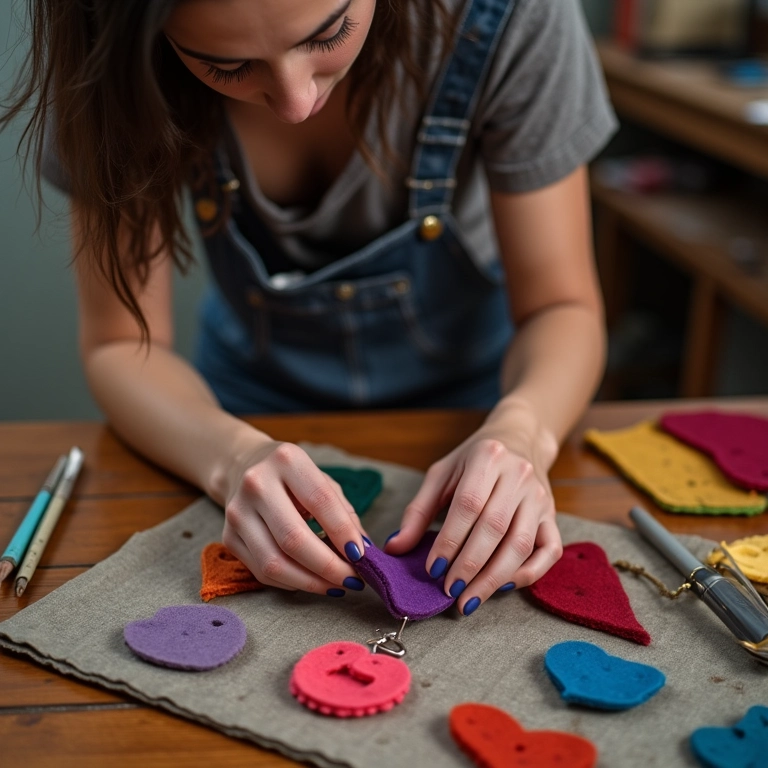 Mulher criando chaveiros de feltro personalizados em estúdio de arte brasileiro.