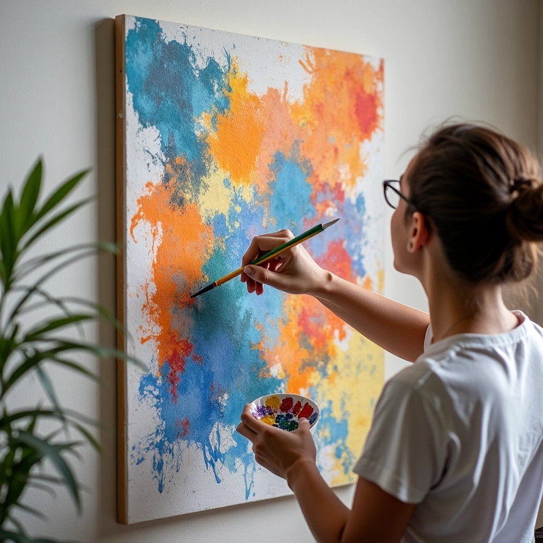 Mulher criando quadro DIY com tintas coloridas em casa.