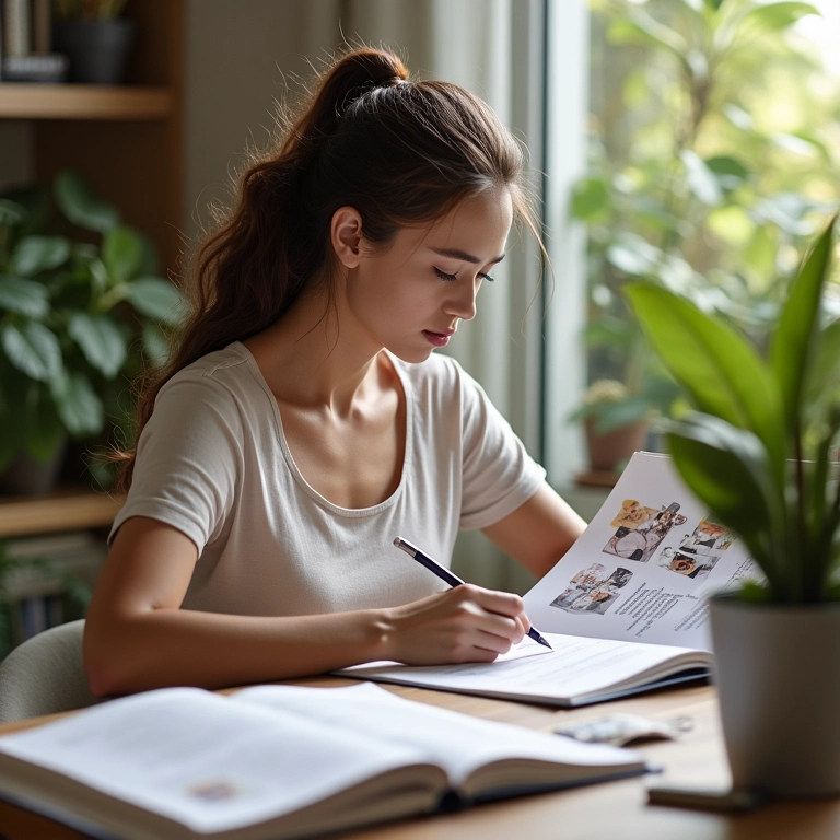 Mulher criando um guia visual com instruções de cuidados com animais de estimação em um escritório.