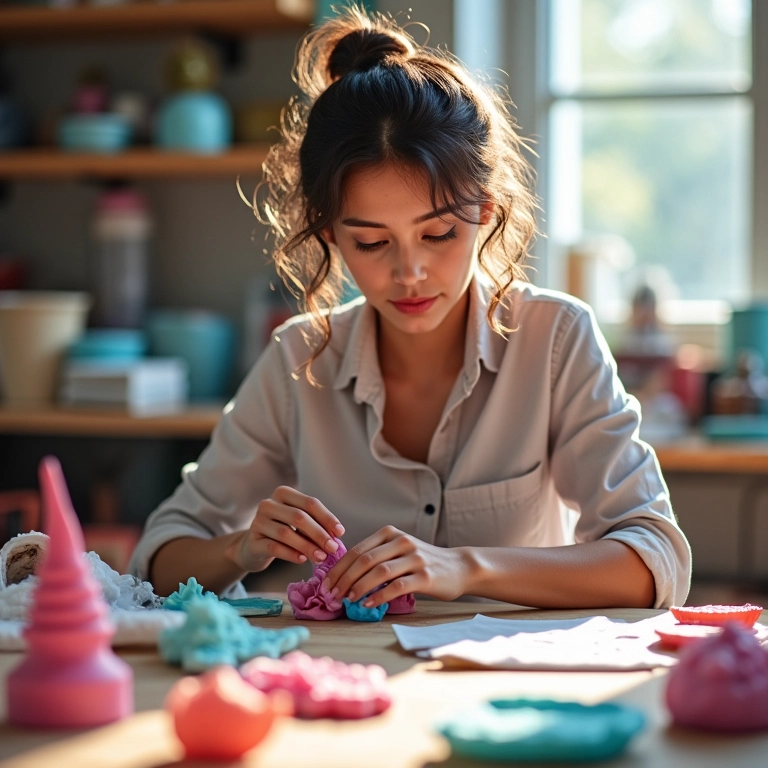 Mulher criando um molde de silicone em oficina iluminada, demonstrando economia criativa.