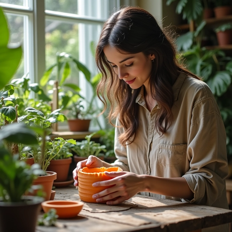 Mulher criando um molde de silicone no jardim, utilizando materiais reciclados e promovendo a sustentabilidade.