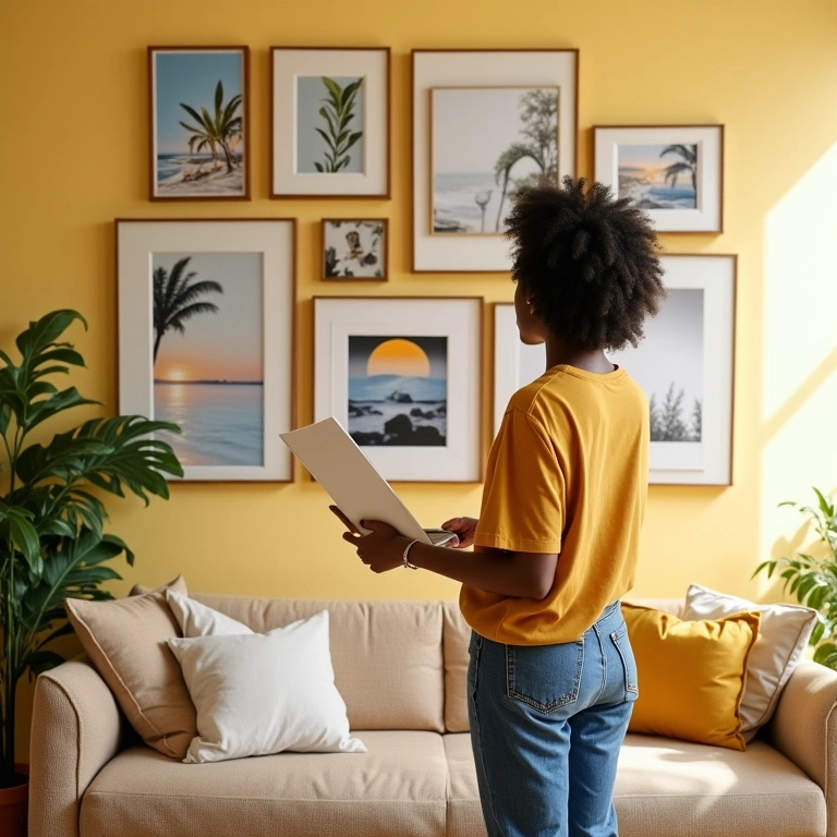 Mulher criando uma parede de galeria única, expressando sua individualidade através da arte.