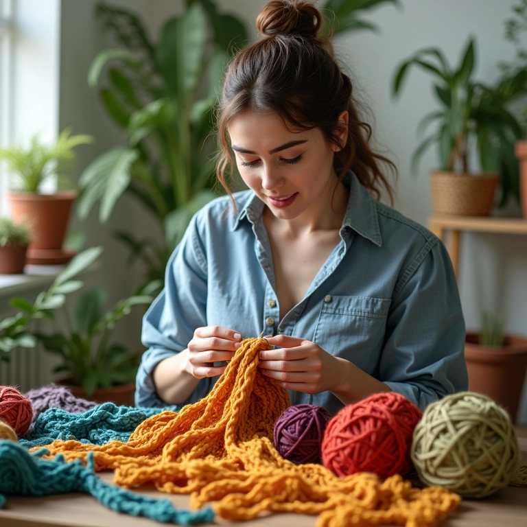 Mulher crocheta cesto em estúdio sustentável com fio de malha reciclado.