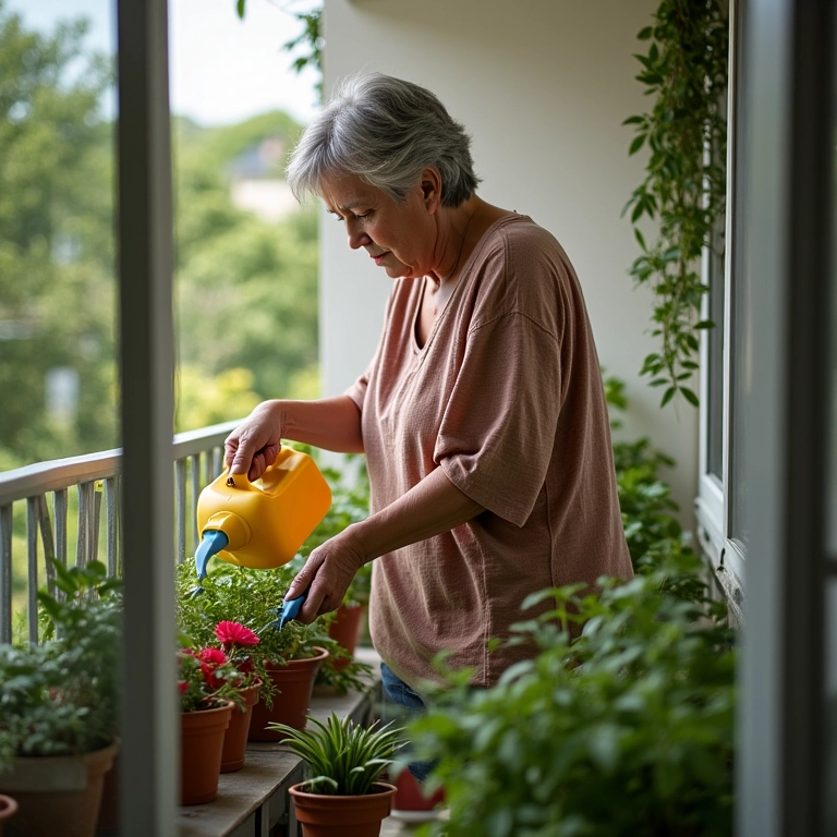 Mulher cuidando das plantas na varanda pequena com ferramentas de jardinagem.