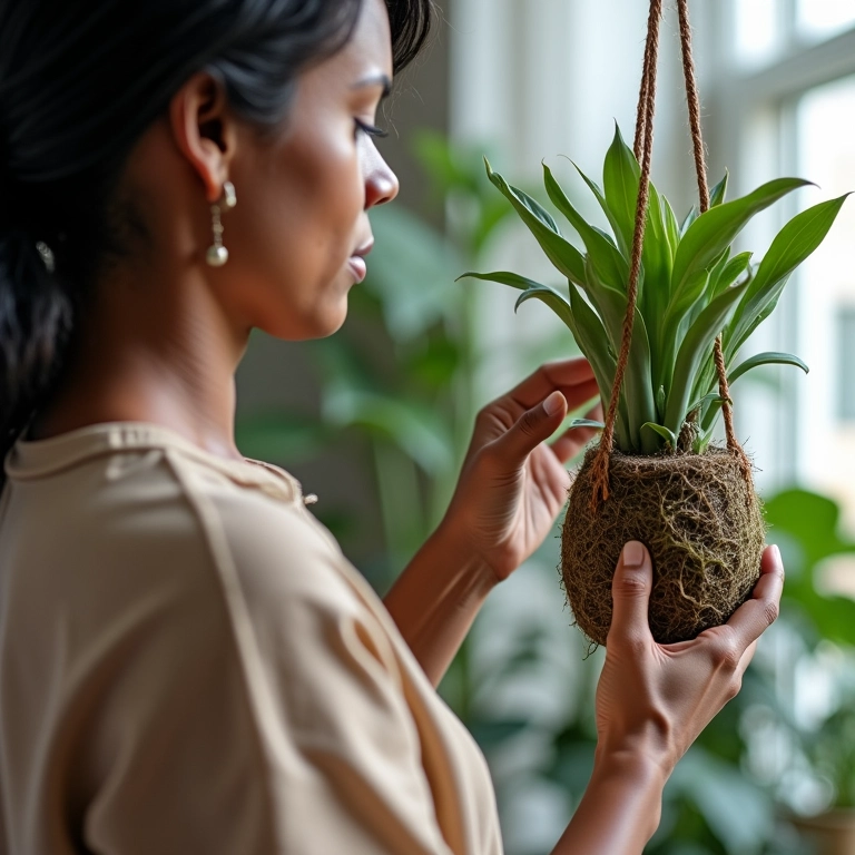 Mulher cuidando de kokedama de suculenta em ambiente interno.
