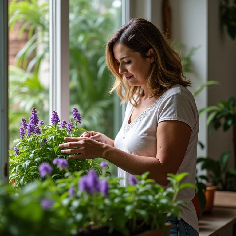 Mulher cuidando de manjericão roxo em sua horta orgânica.
