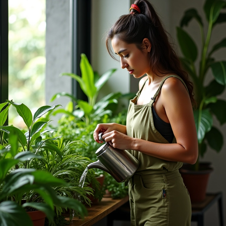 Mulher cuidando de plantas em apartamento bem iluminado.