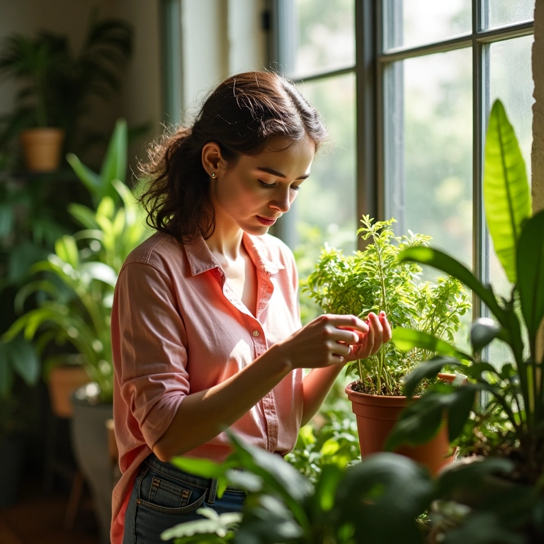 Mulher cuidando de plantas em casa, representando limites saudáveis.
