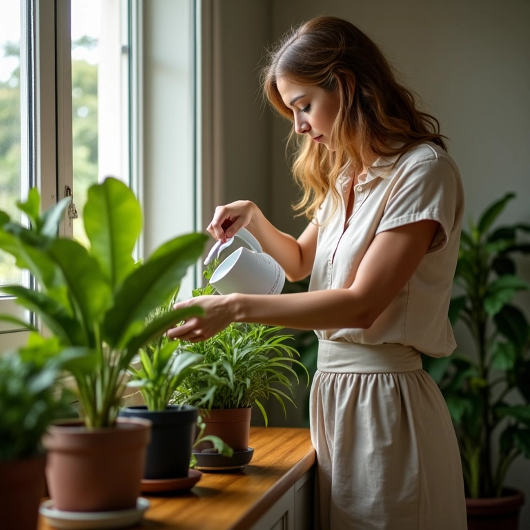 Mulher cuidando de plantas em um apartamento ensolarado, representando o reforço positivo no comportamento dos filhos.