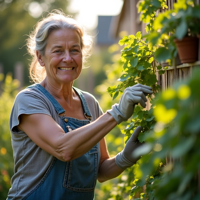 Mulher cuidando de sua horta vertical com treliça.