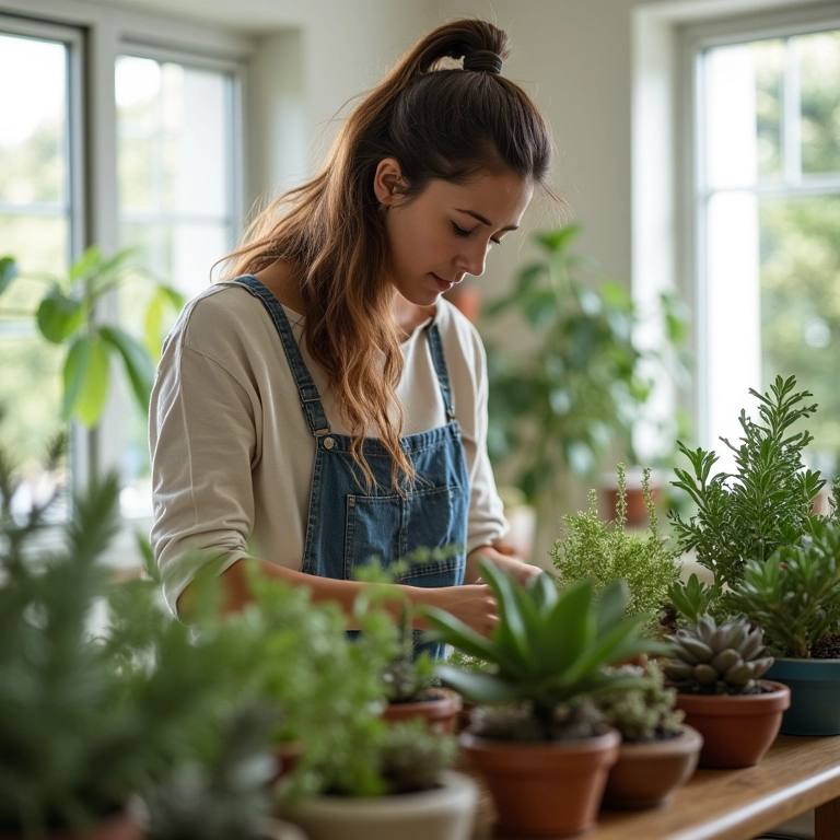 Mulher cuidando de suculentas em sala de estar iluminada com decoração brasileira.
