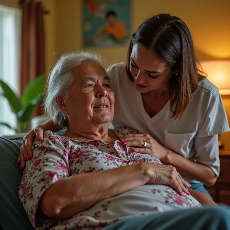 Mulher cuidando do parceiro doente em casa com decoração brasileira.