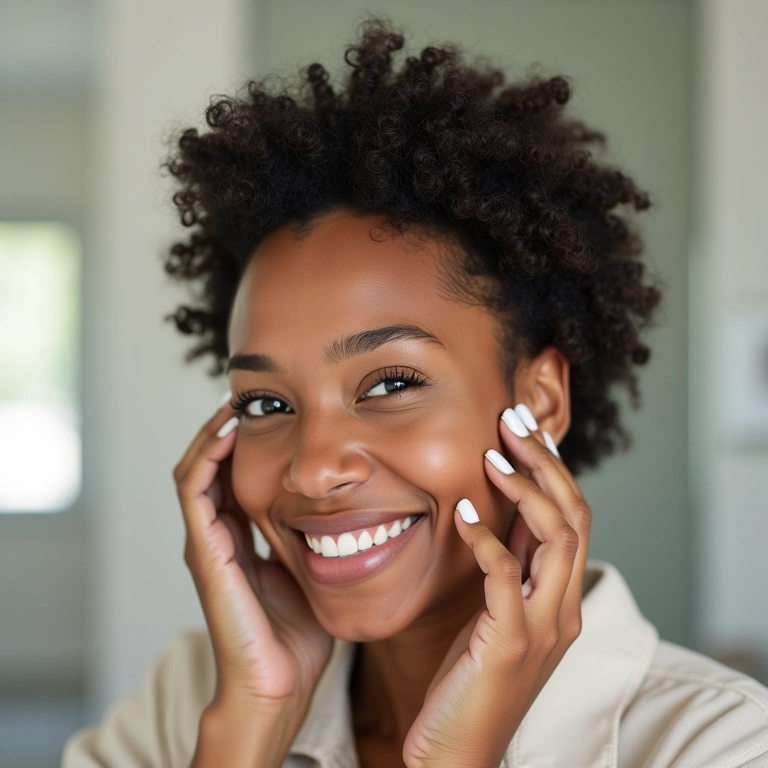 Mulher cuidando dos cabelos cacheados após o Big Chop, aplicando creme.
