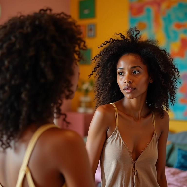 Mulher cuidando pacientemente de seu cabelo em transição em frente ao espelho.