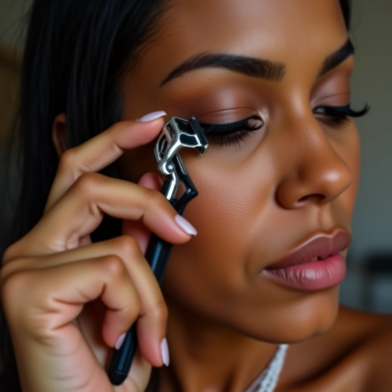 Mulher curvando os cílios com curvex para abrir o olhar antes da aplicação da máscara.