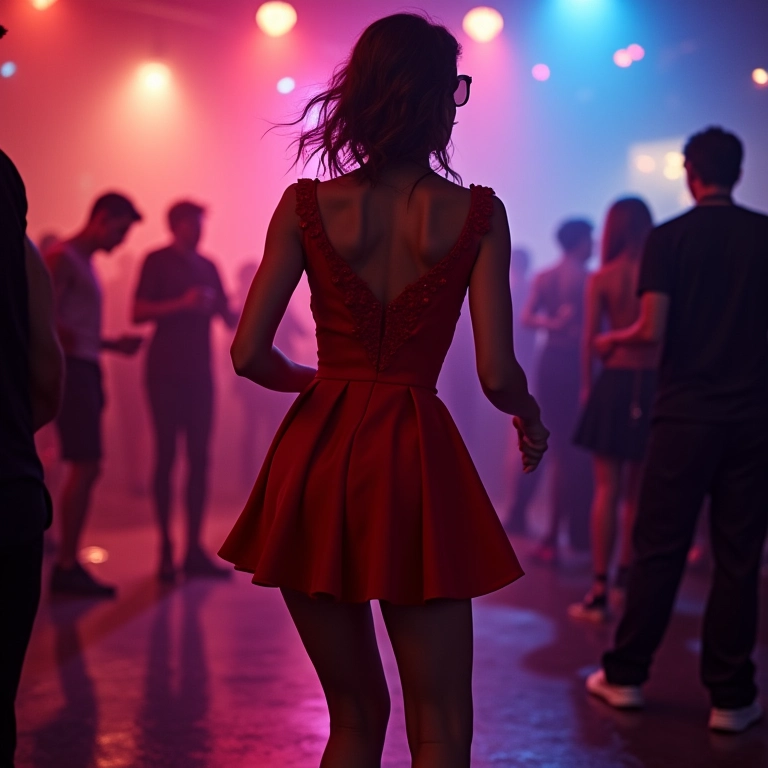 Mulher dançando em festa glamourosa, usando vestido de coquetel e sandálias de salto alto fino.