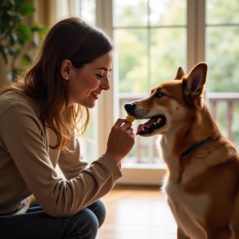 Mulher dando um petisco para um cão após uma sessão de treinamento bem-sucedida.