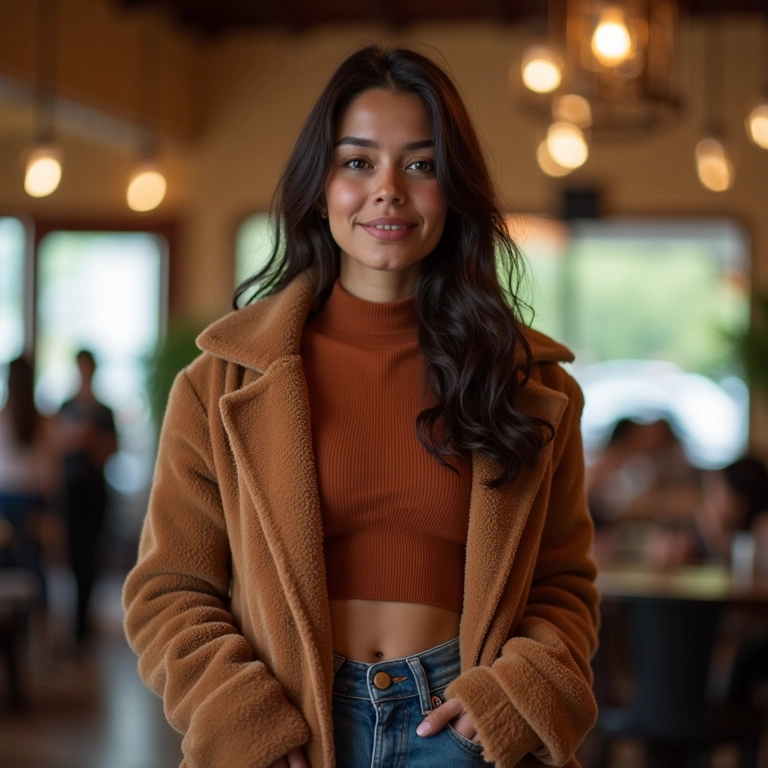 Mulher de 20 anos com cropped de manga longa e casaco em café charmoso em Gramado.