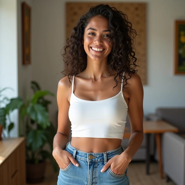 Mulher de 30 anos com cropped branco e calça de cintura alta em apartamento moderno.