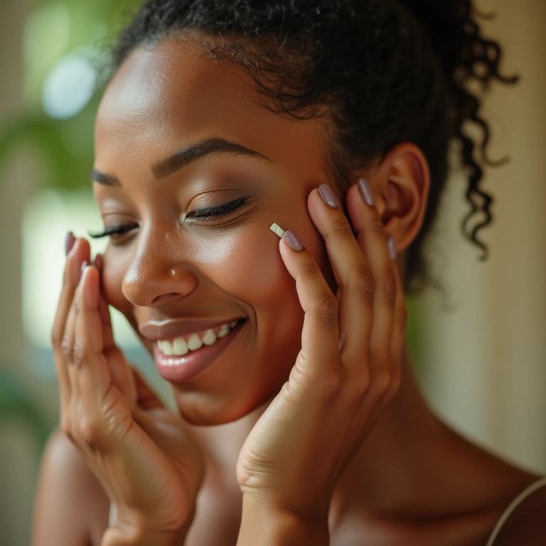 Mulher de 30 cuidando da pele em banheiro com decoração brasileira.