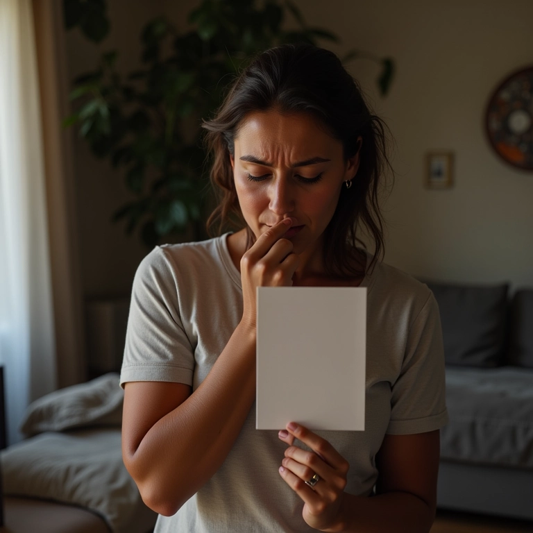Mulher de 40 anos chorando em casa, segurando foto, representando o processo de aceitação da dor do divórcio.