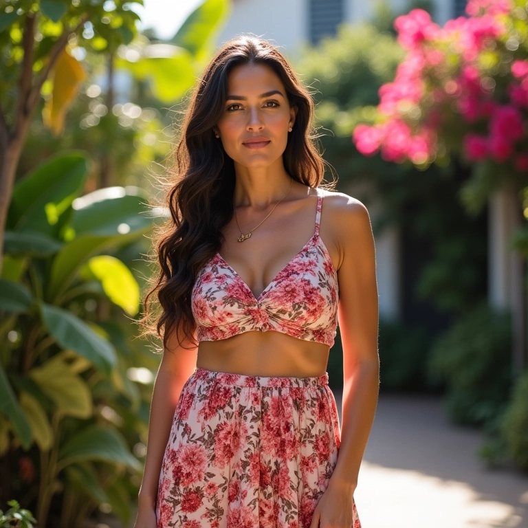 Mulher de 40 anos com cropped floral e saia em jardim ensolarado.