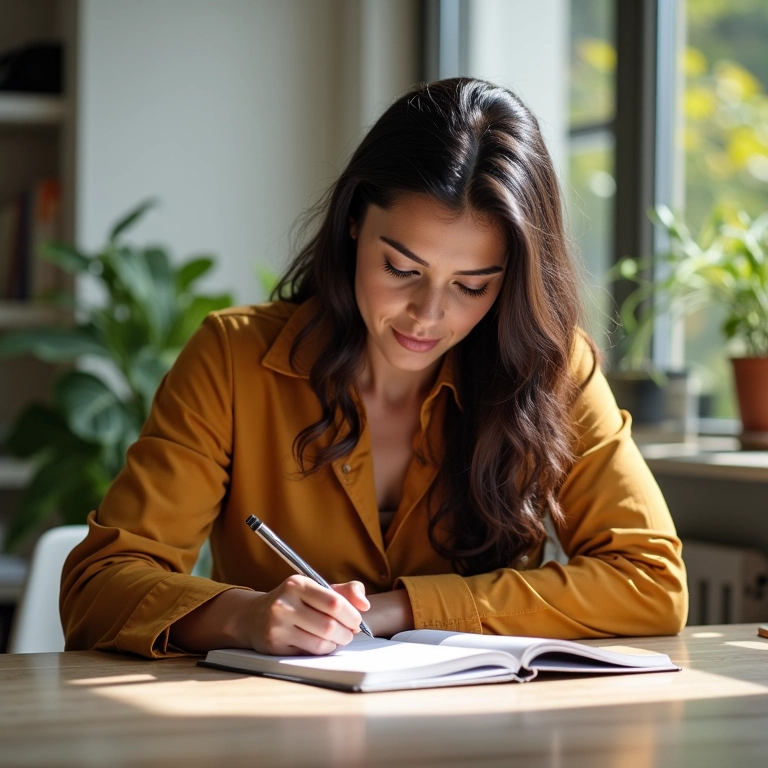 Mulher de 40 anos escrevendo em caderno em escritório iluminado, representando a definição de novos objetivos após o divórcio.