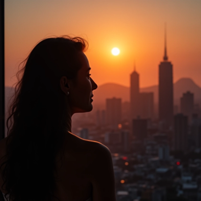 Mulher de 40 anos pensativa olhando para o horizonte ao pôr do sol, refletindo sobre medo e libertação.