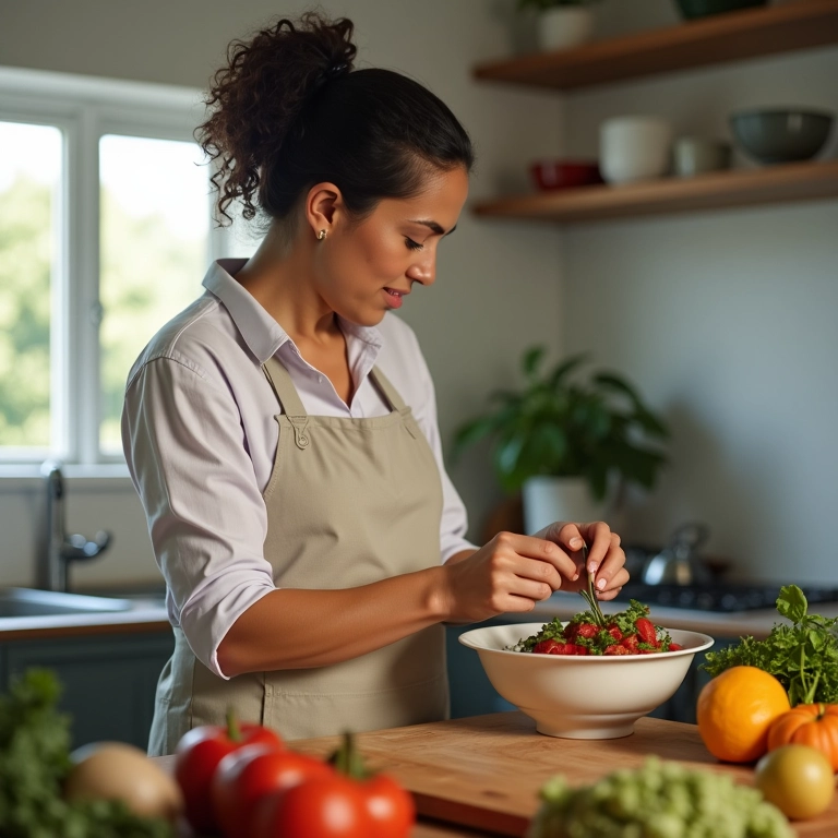 Mulher de 40 anos preparando refeição saudável em cozinha moderna, representando o cuidado com a saúde física e mental.