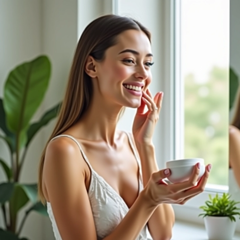 Mulher de 40 anos radiante cuidando da pele.