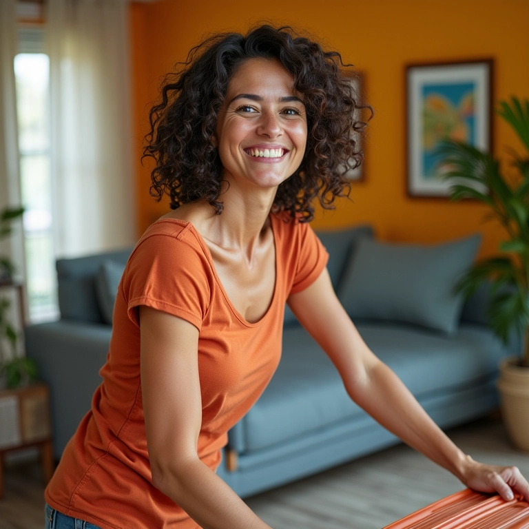 Mulher de 40 anos sorrindo ao arrumar mala em apartamento colorido, simbolizando recomeço após divórcio.
