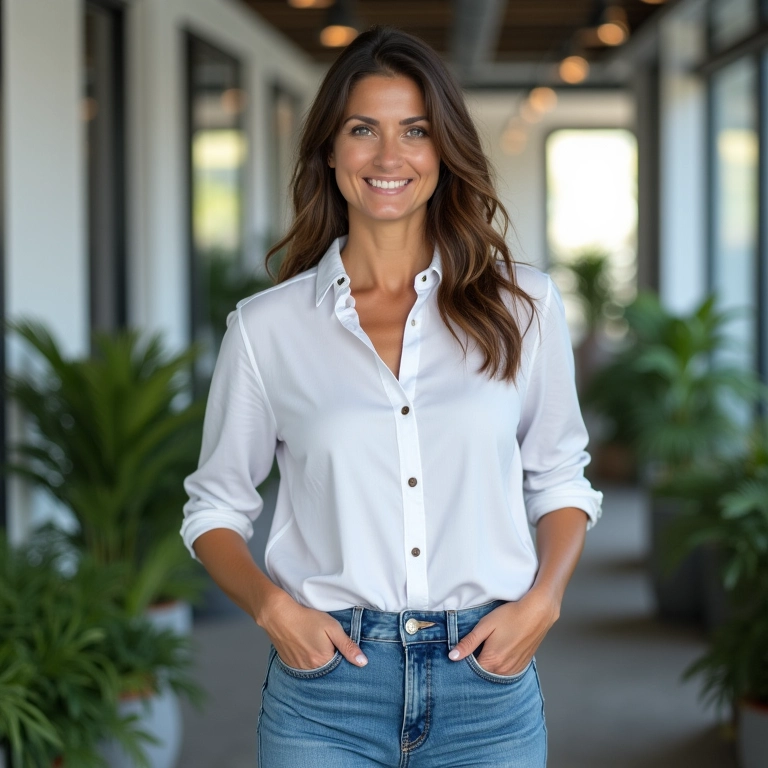 Mulher de 40 anos usando camisa branca e calça flare em escritório moderno com plantas.