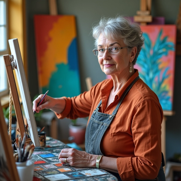 Mulher de 40 pintando em estúdio de arte vibrante.