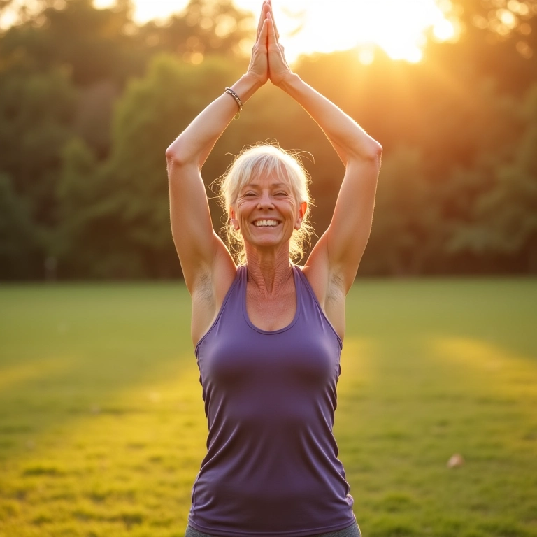 Mulher de 50 anos fazendo yoga ao ar livre em parque ensolarado.
