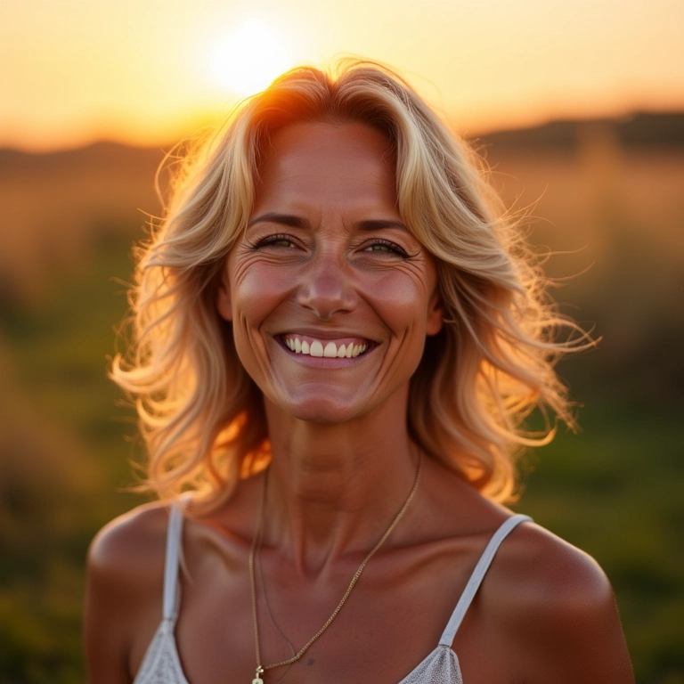 Mulher de 50 anos radiante sorrindo ao ar livre com pele saudável.