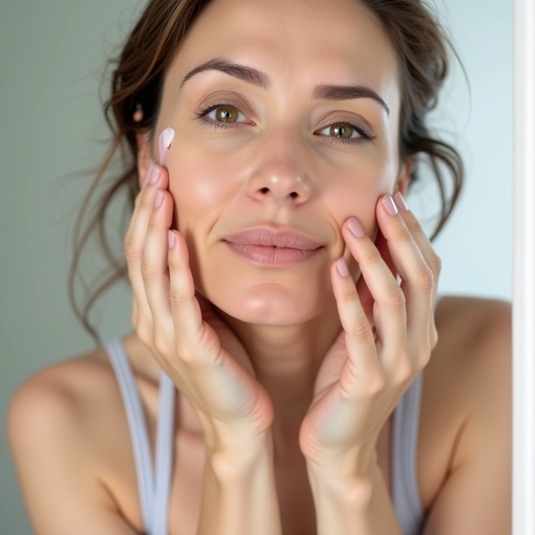 Mulher de 50 aplicando BB cream para tom de pele uniforme.