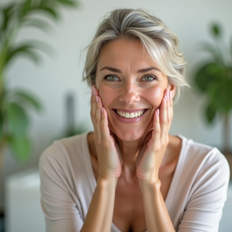 Mulher de 50 cuidando da pele com sorriso confiante.