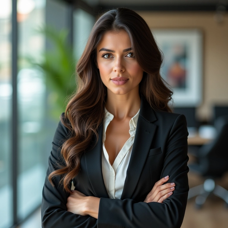 Mulher de Áries focada na carreira em ambiente de escritório moderno.
