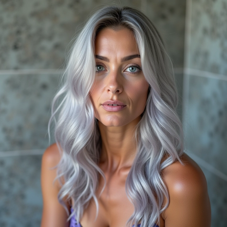 Mulher de cabelos grisalhos usando shampoo matizador no chuveiro.