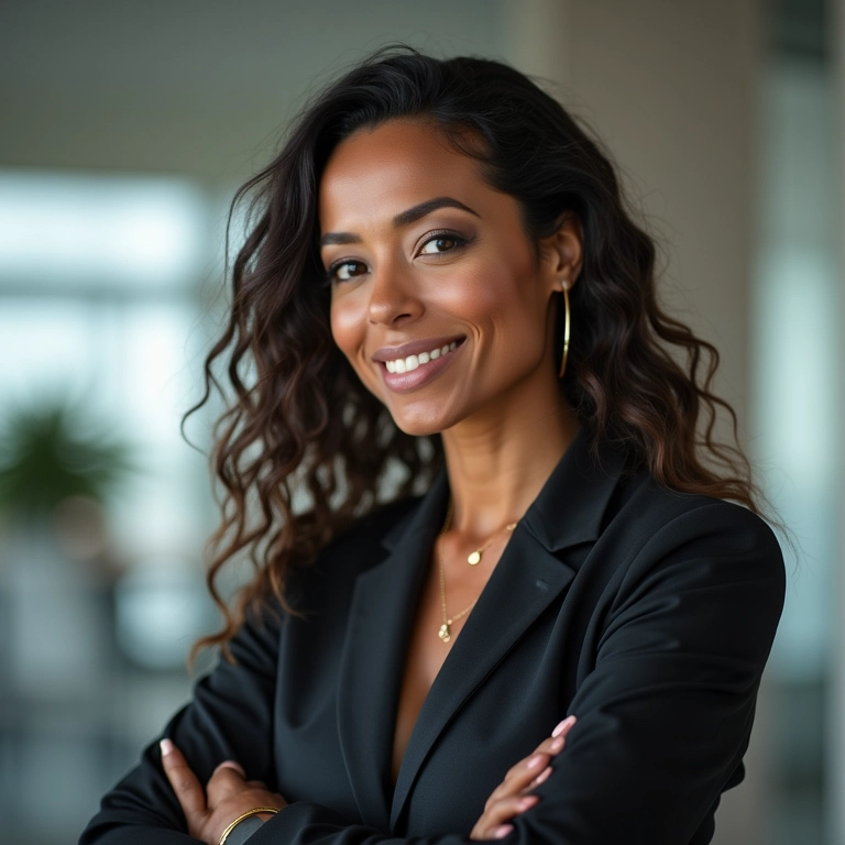 Mulher de Escorpião confiante em ambiente de trabalho moderno.