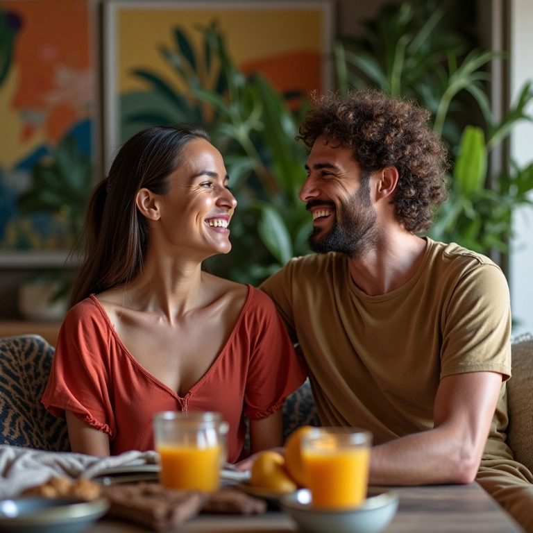 Mulher de Escorpião e homem de Touro rindo juntos em casa.